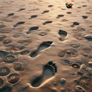 footprints of early Homo sp, over a beach of sand made of bodies of macro-diatoms