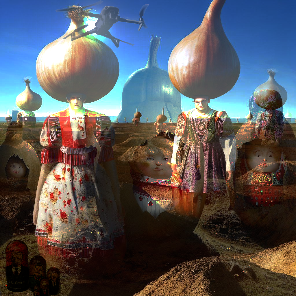 Onion dolls inside onion dolls as big as giants in a field of shell craters © 2023 meika loofs samorzewski