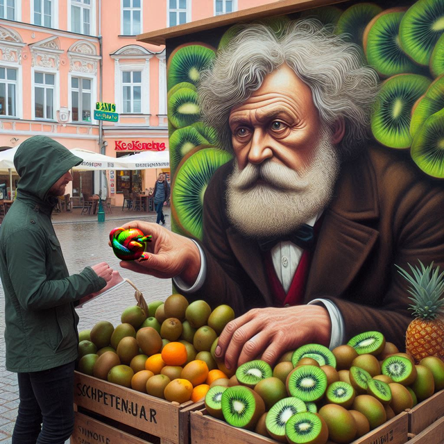 Schopenhauer selling kiwi fruit from a stall in Sopot Poland