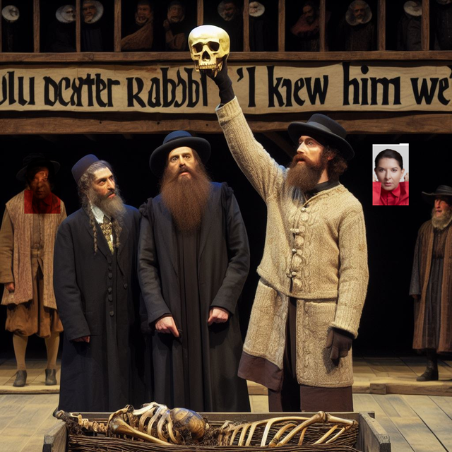 Ulay and Descartes hold up the skull of a rabbi saying "I knew Marina well" at a graveside, on an Elizabethan stage © 2023 meika loofs samorzewski