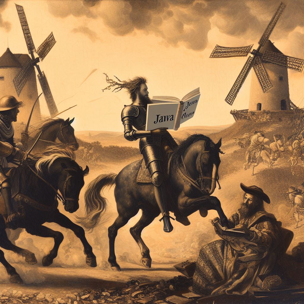 Goya, don quixote the java prohgrammer on a horse charges in a joust with a windmill, while Sancho reads a book of poetry 2