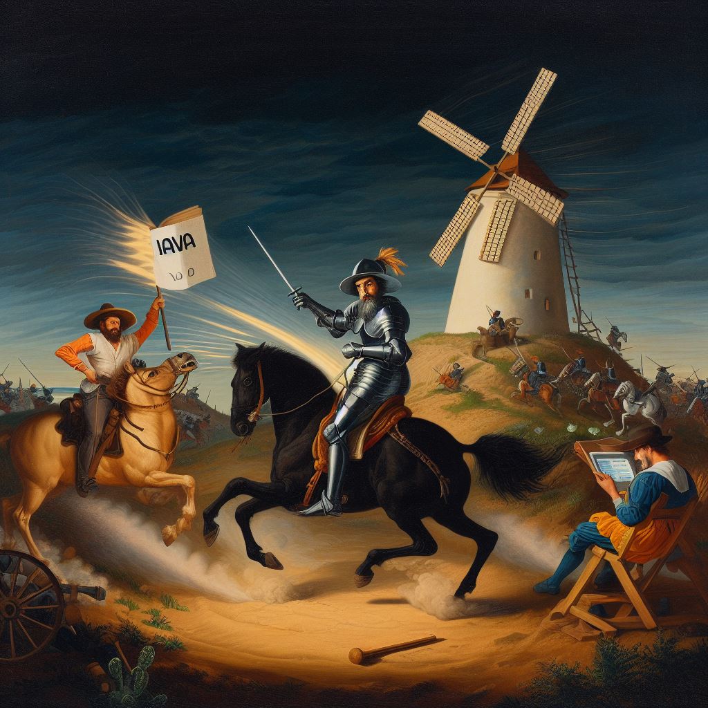 Goya, don quixote the java prohgrammer on a horse charges in a joust with a windmill, while Sancho reads a book of poetry 3