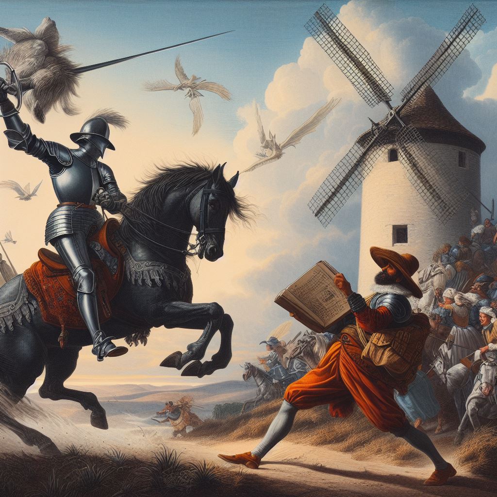 Goya, don quixote the java programmer on a horse charges in a joust with a windmill, while Sancho reads a book of poetry 1