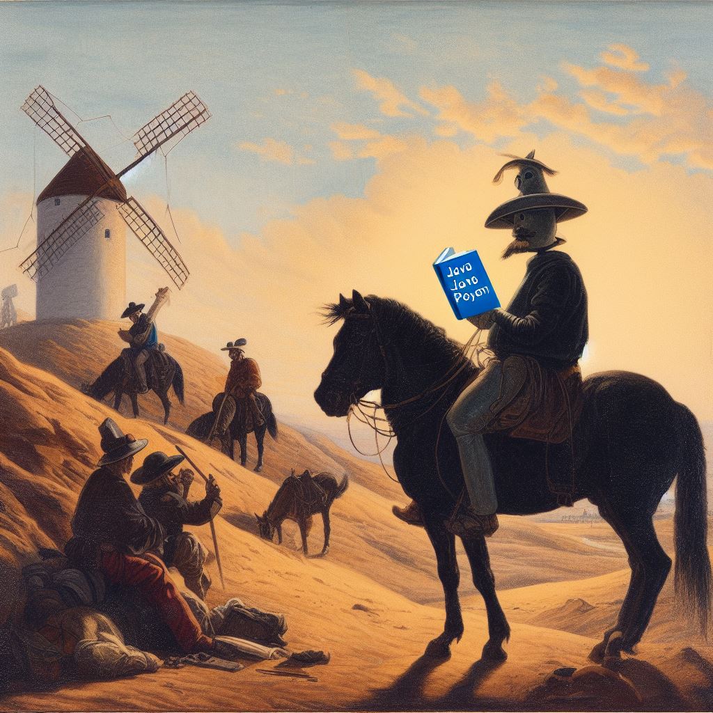 goya, a Java programmer tilts at windmills in spain, Sancho sits on another horse reading a book of poetry by Witgenstein1