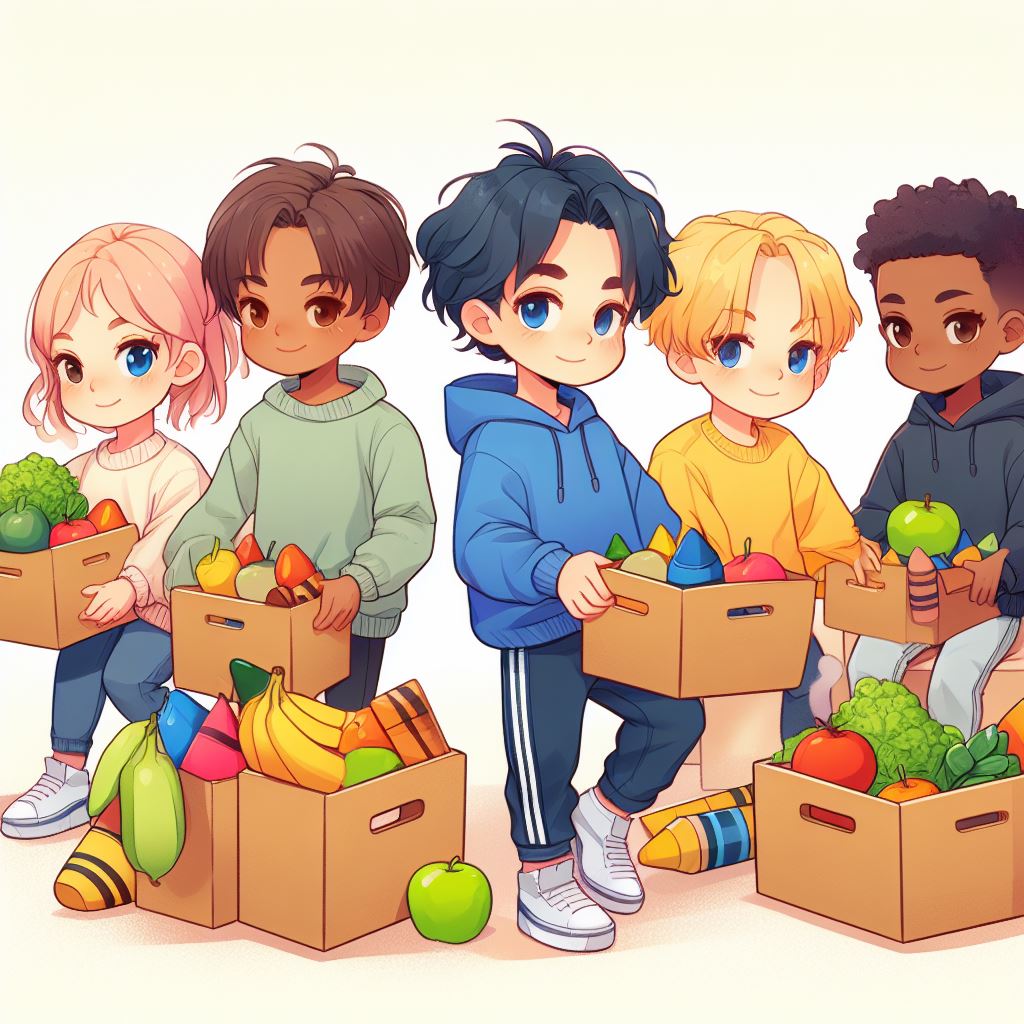 group of children in parallel play, holding boxes of fruit and vegatables