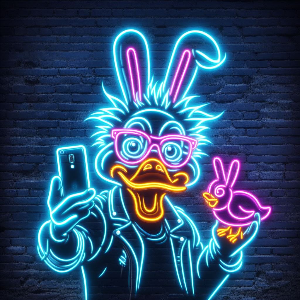 neon duck rabbit holding a rabbit duck taking a selfie