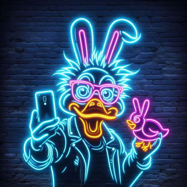 neon duck rabbit holding a rabbit duck taking a selfie